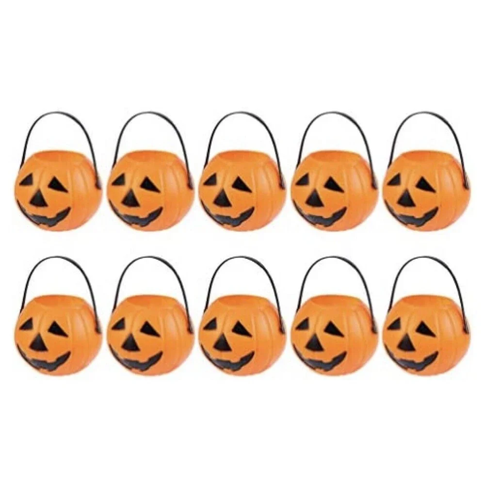Bundle of 10pc‎ plastic Halloween orange pumpkin buckets w/ handles Approx 3”x3”